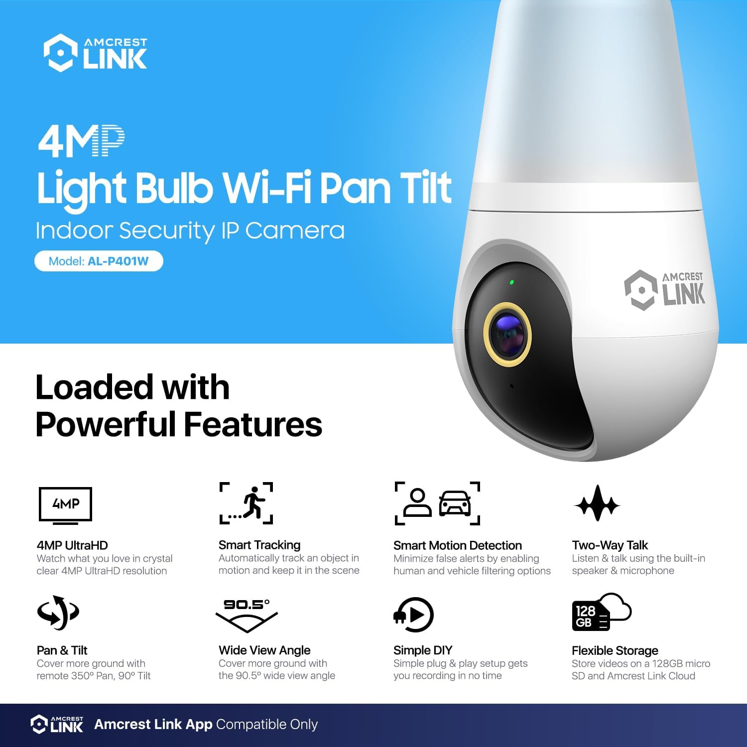 AMLINK 4MP Light Bulb WiFi Security Camera White AL-L411W