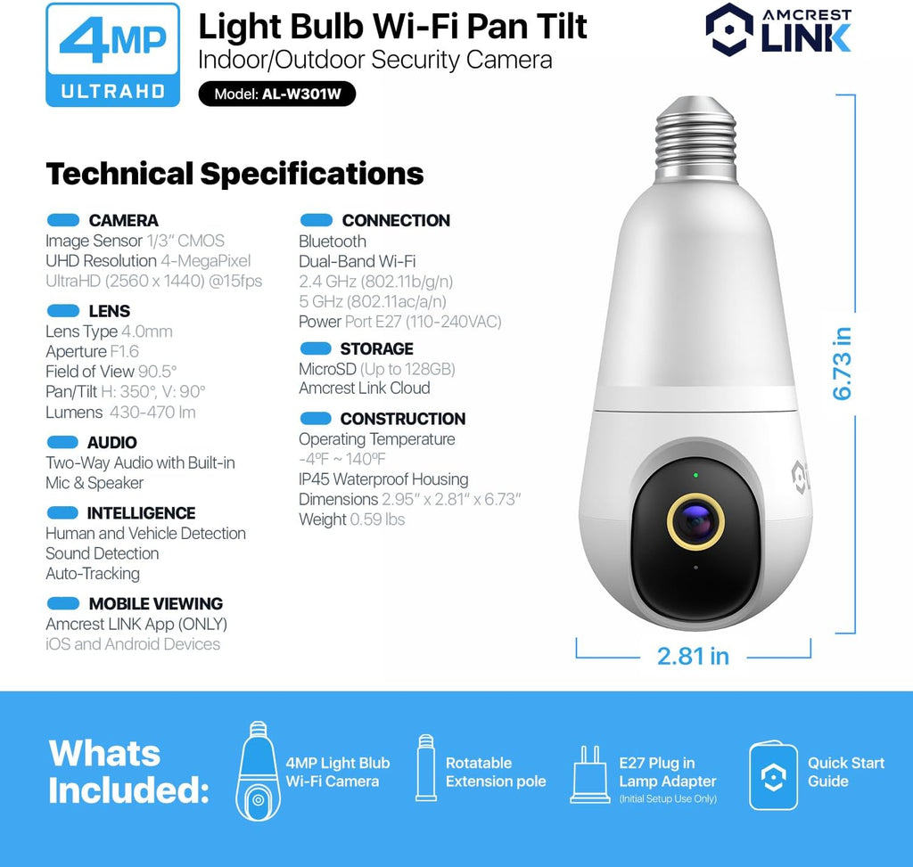 AMLINK 4MP Light Bulb WiFi Security Camera White AL-L411W