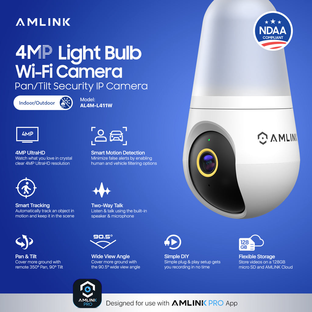AMLINK 4MP Light Bulb WiFi Indoor/Outdoor Camera, Human Detection, Pan/Tilt, IP45, AI Night Color, 2.4GHz/5GHz Dual Band Camera, NDAA Compliant, Supports MicroSD Storage up 128GB, AL4M-L411W