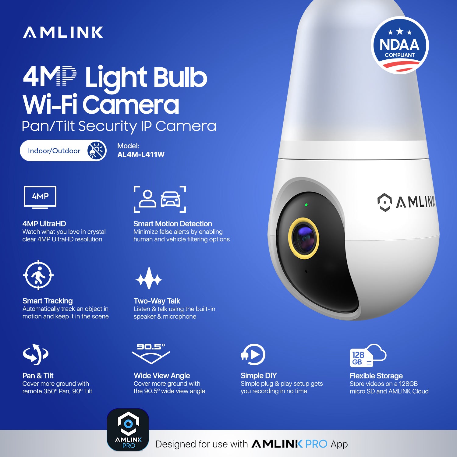 AMLINK 4MP Light Bulb WiFi Indoor/Outdoor Camera, Human Detection, Pan/Tilt, IP45, AI Night Color, 2.4GHz/5GHz Dual Band Camera, NDAA Compliant, Supports MicroSD Storage up 128GB, AL4M-L411W