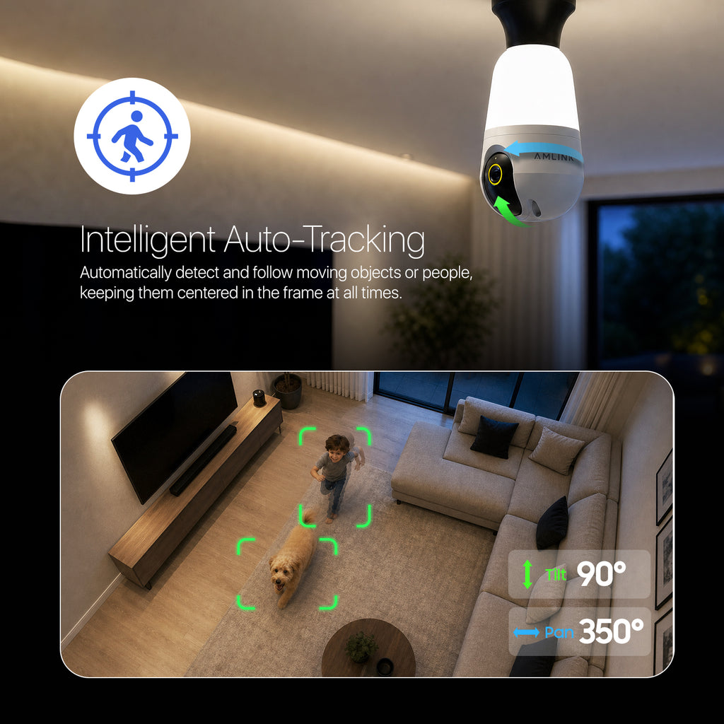 AMLINK 4MP Light Bulb WiFi Indoor/Outdoor Camera, Human Detection, Pan/Tilt, IP45, AI Night Color, 2.4GHz/5GHz Dual Band Camera, NDAA Compliant, Supports MicroSD Storage up 128GB, AL4M-L411W