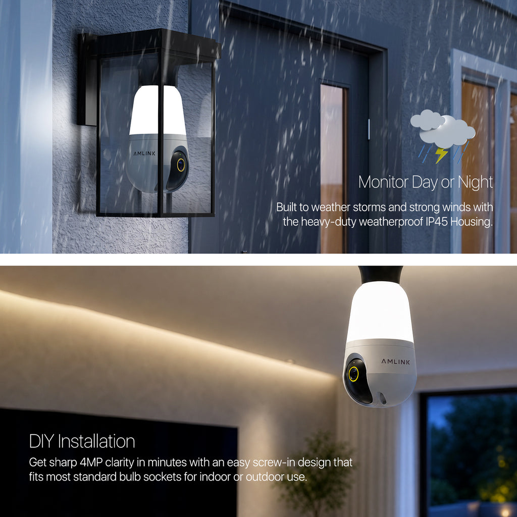 AMLINK 4MP Light Bulb WiFi Indoor/Outdoor Camera, Human Detection, Pan/Tilt, IP45, AI Night Color, 2.4GHz/5GHz Dual Band Camera, NDAA Compliant, Supports MicroSD Storage up 128GB, AL4M-L411W