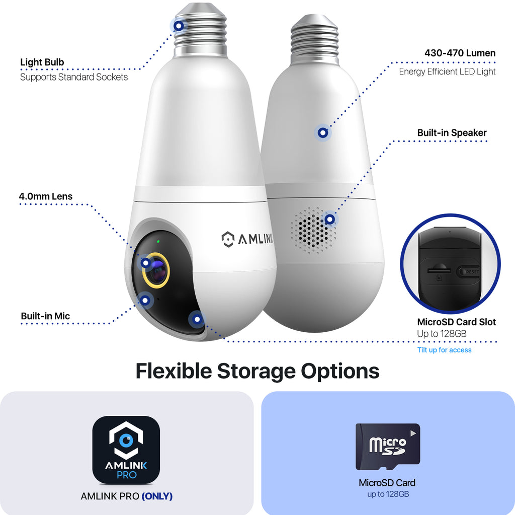 AMLINK 4MP Light Bulb WiFi Indoor/Outdoor Camera, Human Detection, Pan/Tilt, IP45, AI Night Color, 2.4GHz/5GHz Dual Band Camera, NDAA Compliant, Supports MicroSD Storage up 128GB, AL4M-L411W