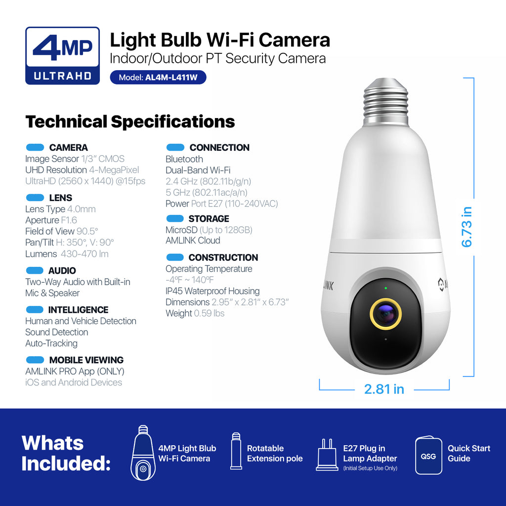 AMLINK 4MP Light Bulb WiFi Indoor/Outdoor Camera, Human Detection, Pan/Tilt, IP45, AI Night Color, 2.4GHz/5GHz Dual Band Camera, NDAA Compliant, Supports MicroSD Storage up 128GB, AL4M-L411W