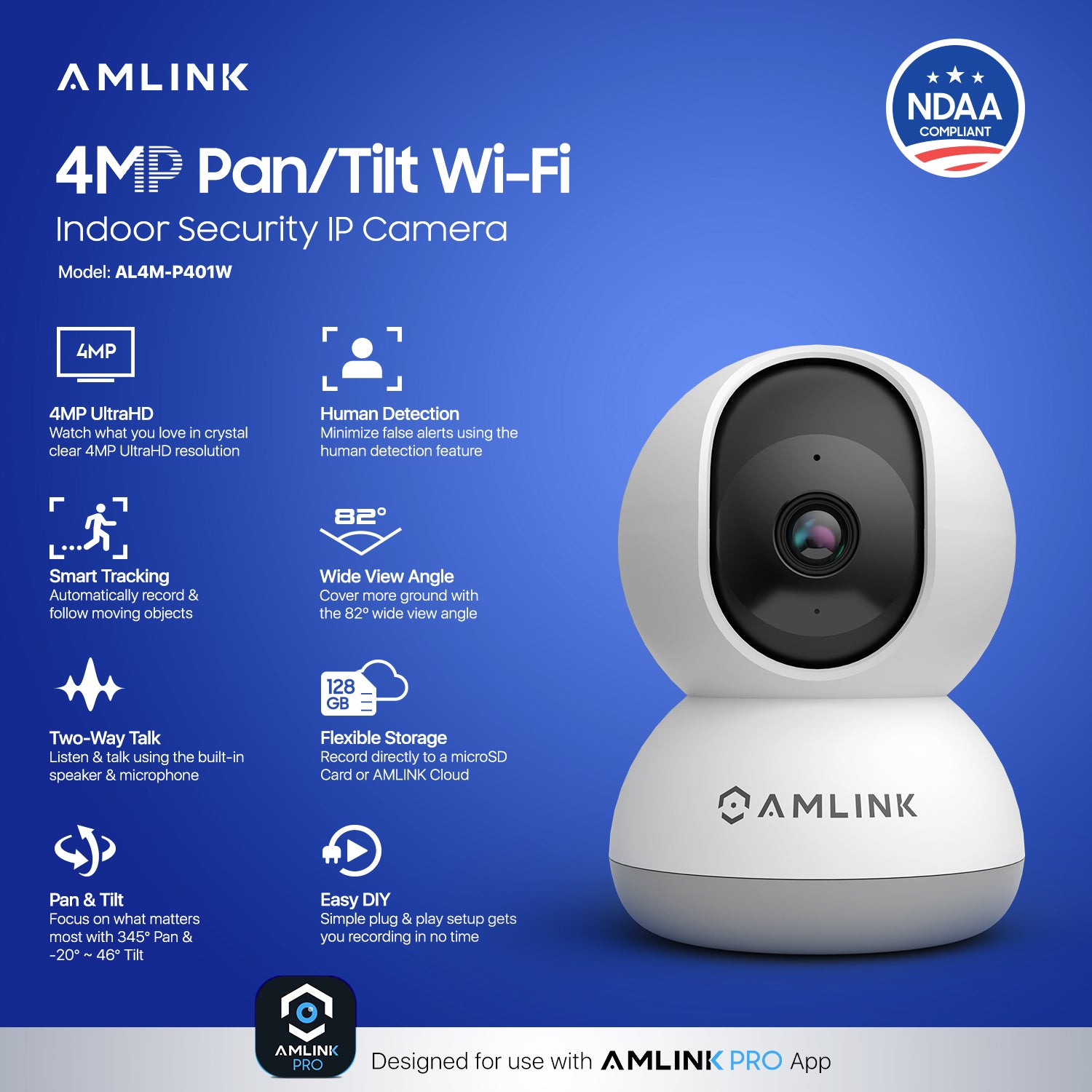 AMLINK 4MP WiFi Camera Indoor, Human Detection, Motion-Tracking, w/ 2-Way Audio, Pan/Tilt Wireless IP Camera (Wired Power), NDAA Compliant, 30ft Night Vision, Built in Siren, AL4M-P401W