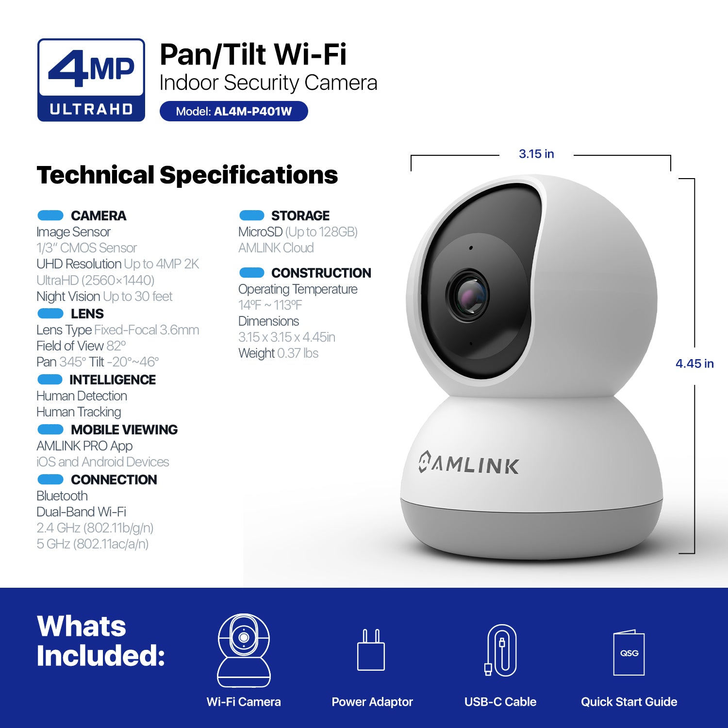 AMLINK 4MP WiFi Camera Indoor, Human Detection, Motion-Tracking, w/ 2-Way Audio, Pan/Tilt Wireless IP Camera (Wired Power), NDAA Compliant, 30ft Night Vision, Built in Siren, AL4M-P401W