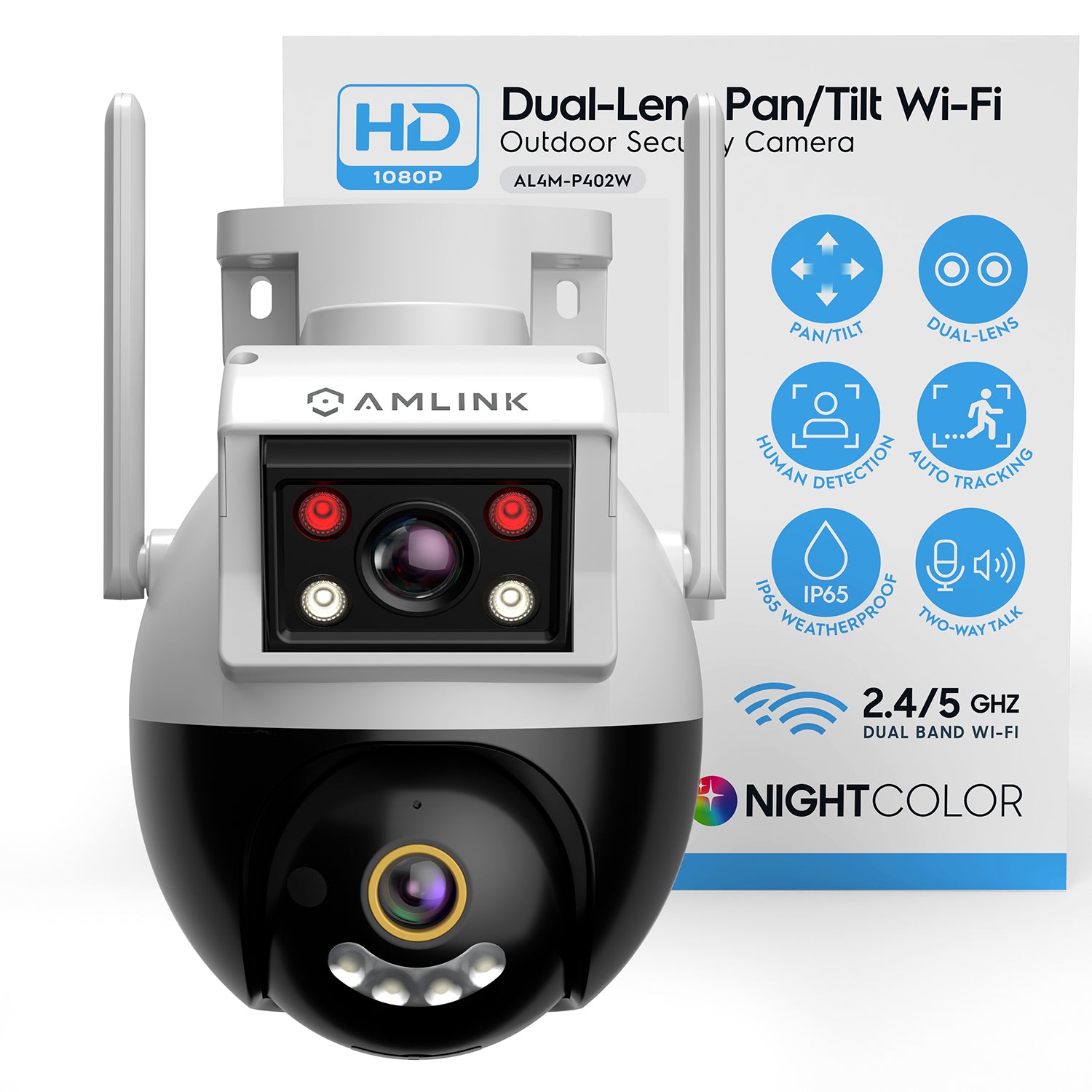 AMLINK 2X 2MP Dual-Lens WiFi Camera Outdoor, Human Detection, Motion-Tracking, w/ 2-Way Audio, Pan/Tilt Wireless IP Camera, NDAA Compliant, 30ft Night Vision, Built in Siren, AL4M-P402W