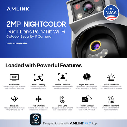 AMLINK 2X 2MP Dual-Lens WiFi Camera Outdoor, Human Detection, Motion-Tracking, w/ 2-Way Audio, Pan/Tilt Wireless IP Camera, NDAA Compliant, 30ft Night Vision, Built in Siren, AL4M-P402W