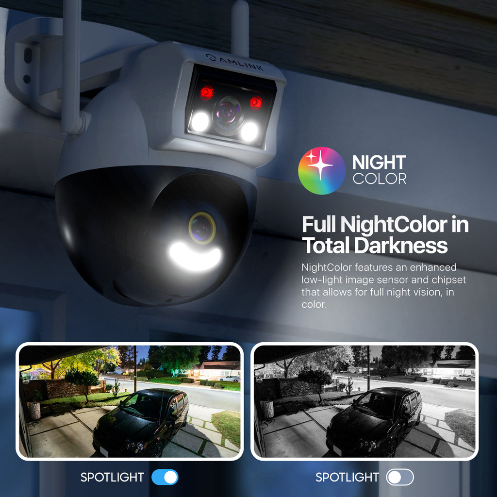 AMLINK 2X 2MP Dual-Lens WiFi Camera Outdoor, Human Detection, Motion-Tracking, w/ 2-Way Audio, Pan/Tilt Wireless IP Camera, NDAA Compliant, 30ft Night Vision, Built in Siren, AL4M-P402W