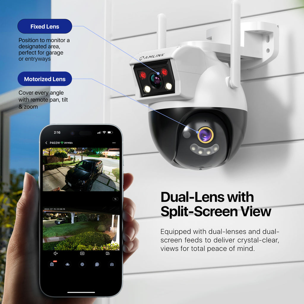 AMLINK 2X 2MP Dual-Lens WiFi Camera Outdoor, Human Detection, Motion-Tracking, w/ 2-Way Audio, Pan/Tilt Wireless IP Camera, NDAA Compliant, 30ft Night Vision, Built in Siren, AL4M-P402W