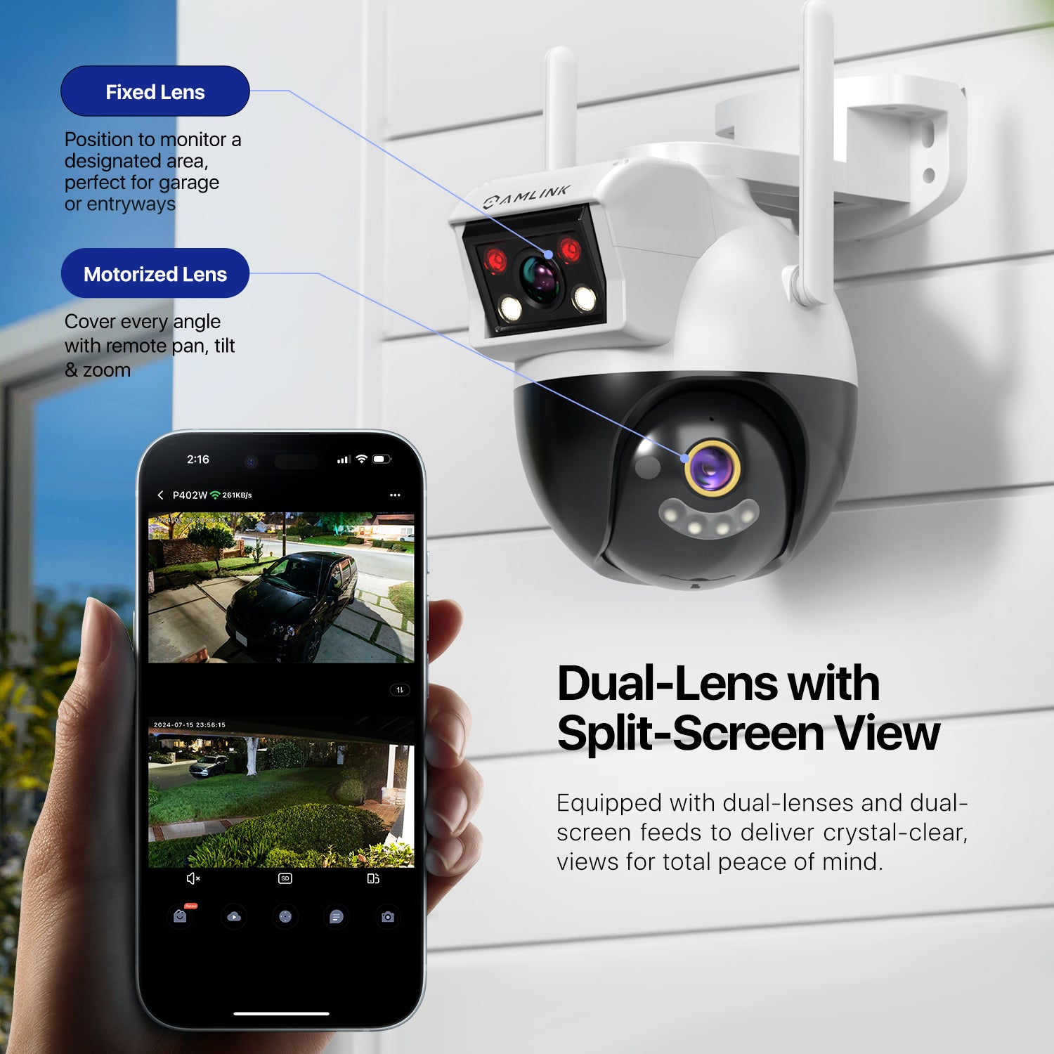 AMLINK 2X 2MP Dual-Lens WiFi Camera Outdoor, Human Detection, Motion-Tracking, w/ 2-Way Audio, Pan/Tilt Wireless IP Camera, NDAA Compliant, 30ft Night Vision, Built in Siren, AL4M-P402W