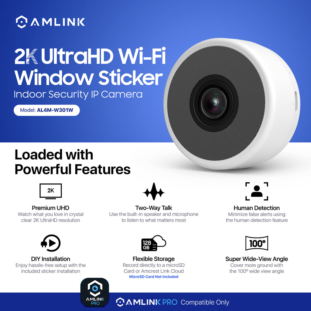 AMLINK 2K Window Camera, 2.4GHz&5GHz WiFi Indoor Camera, AI Human & Motion Detection, Wide Angle 100° FOV, NDAA Compliant, 2-Way Audio, Wired Power, Supports MicroSD Upto 128GB, AL4M-W301W