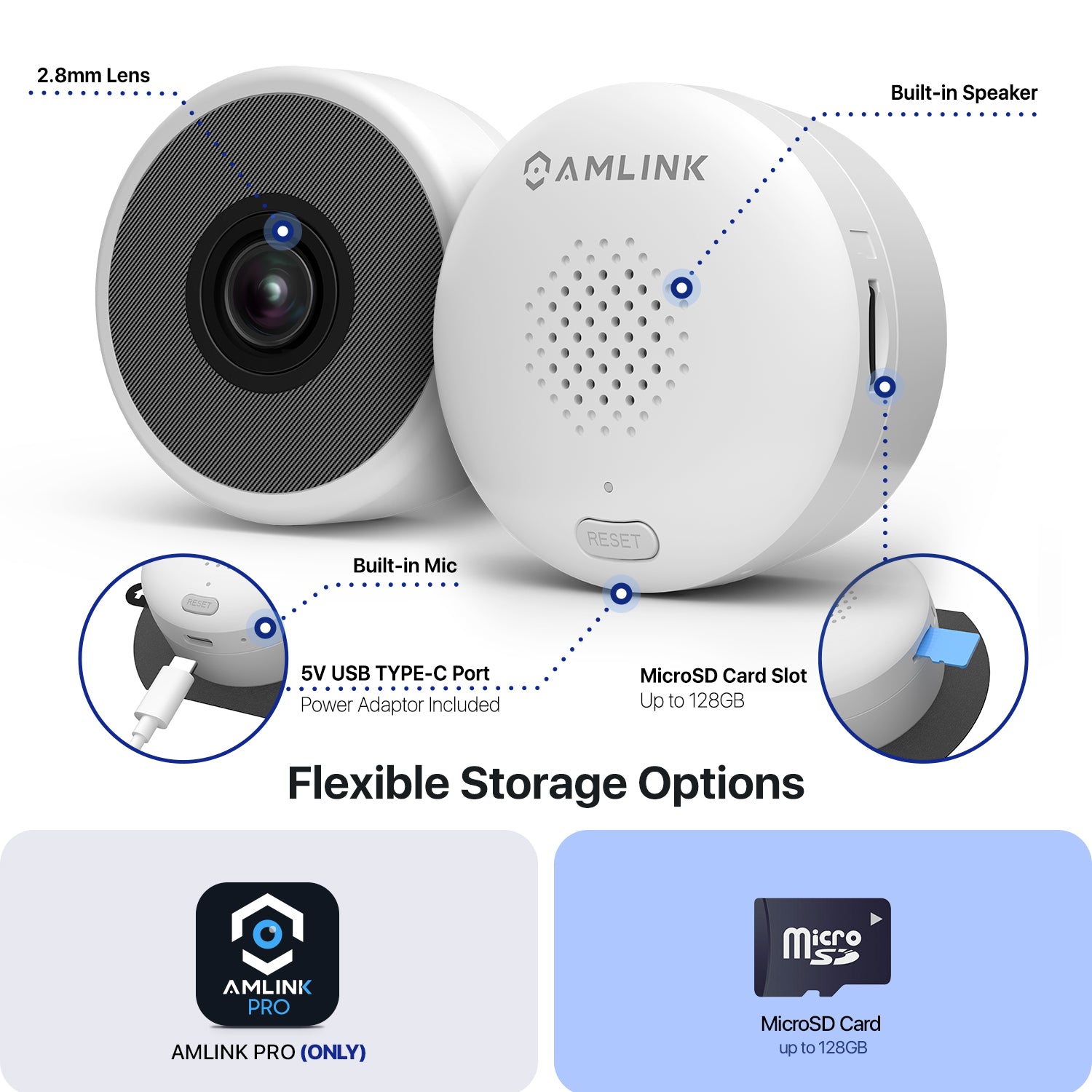 AMLINK 2K Window Camera, 2.4GHz&5GHz WiFi Indoor Camera, AI Human & Motion Detection, Wide Angle 100° FOV, NDAA Compliant, 2-Way Audio, Wired Power, Supports MicroSD Upto 128GB, AL4M-W301W
