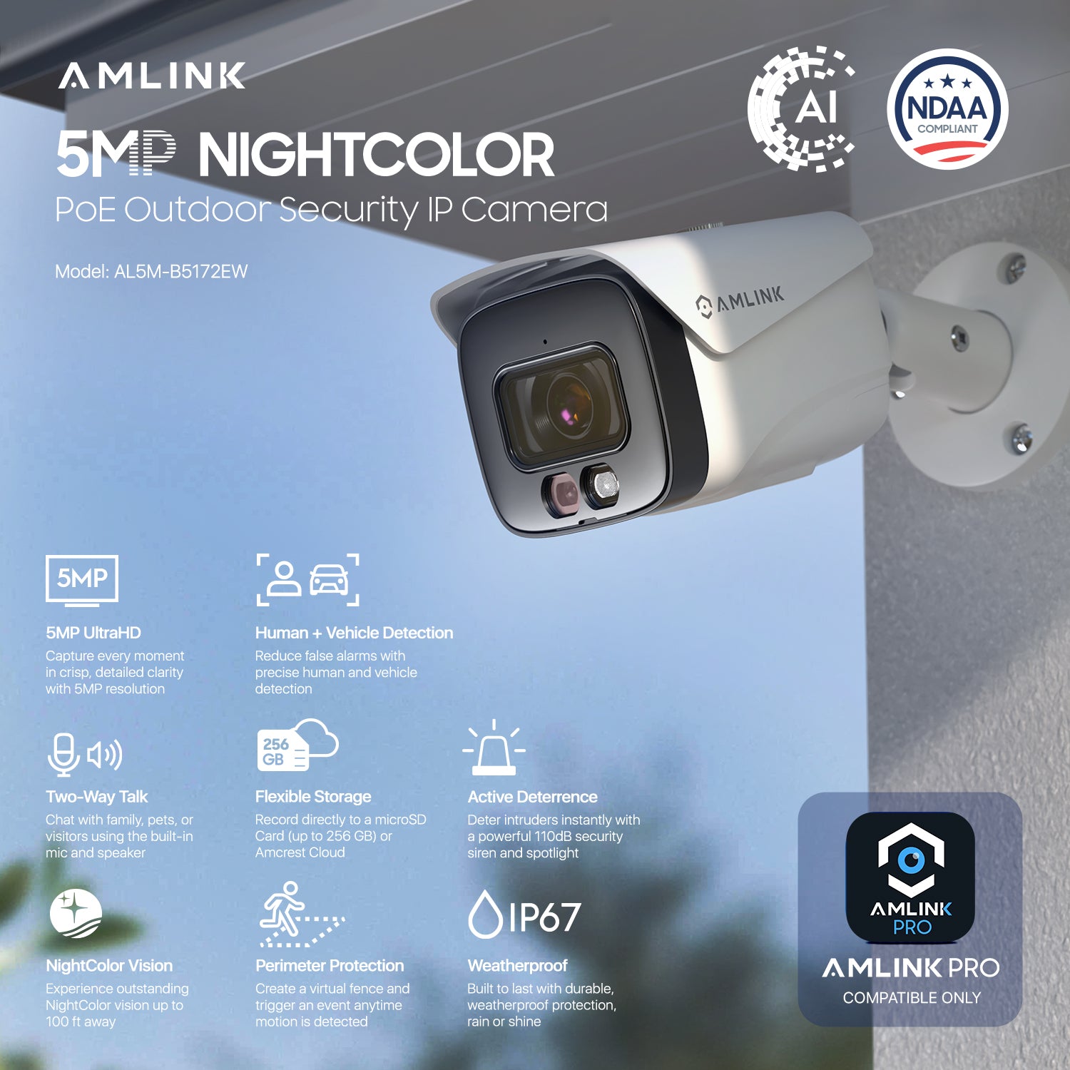 AMLINK 5MP Security AI IP PoE Camera, Night Color 100ft, Human/Vehicle Detection, NDAA Compliant, Indoor Outdoor Surveillance Bullet, 2-Way Audio, Support 256GB MicroSD, Deterrent, 20fps AL5M-B5172EW