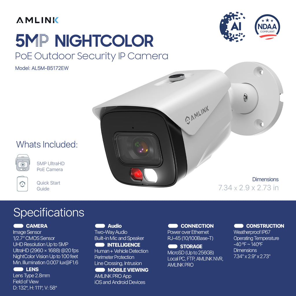 AMLINK 5MP Security AI IP PoE Camera, Night Color 100ft, Human/Vehicle Detection, NDAA Compliant, Indoor Outdoor Surveillance Bullet, 2-Way Audio, Support 256GB MicroSD, Deterrent, 20fps AL5M-B5172EW