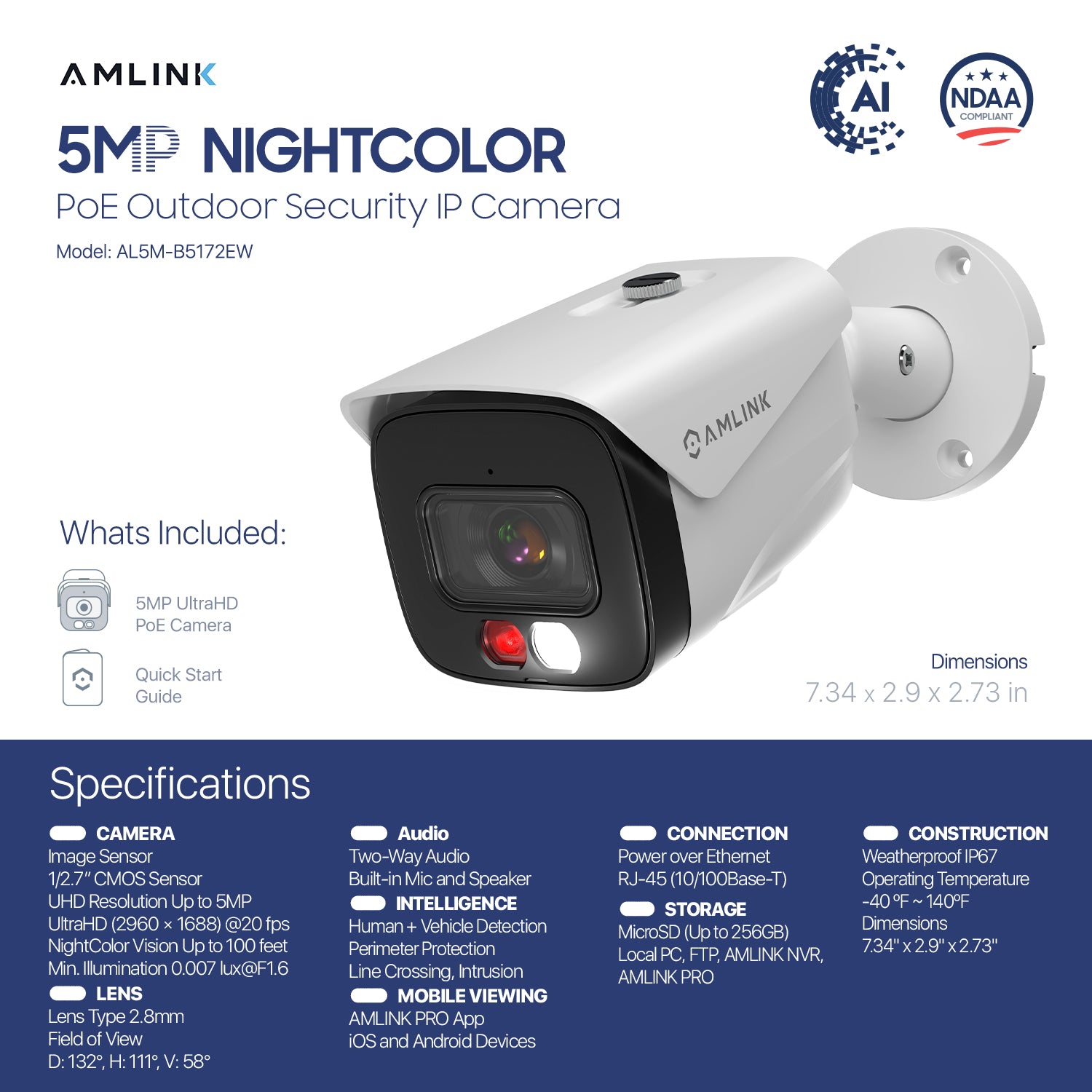 AMLINK 5MP Security AI IP PoE Camera, Night Color 100ft, Human/Vehicle Detection, NDAA Compliant, Indoor Outdoor Surveillance Bullet, 2-Way Audio, Support 256GB MicroSD, Deterrent, 20fps AL5M-B5172EW