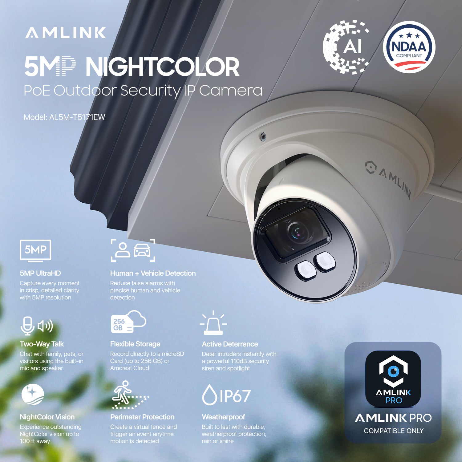 AMLINK 5MP Security AI IP PoE Camera, Night Color 100ft, Human/Vehicle Detection, NDAA Compliant, Indoor Outdoor Surveillance Turret, 2-Way Audio, Support 256GB MicroSD, Deterrent, 20fps AL5M-T5171EW