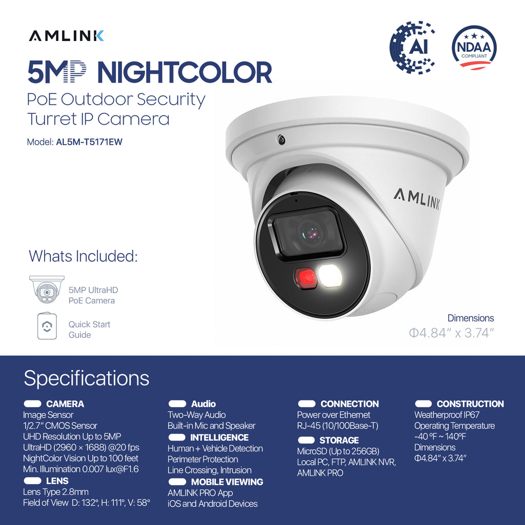 AMLINK 5MP Security AI IP PoE Camera, Night Color 100ft, Human/Vehicle Detection, NDAA Compliant, Indoor Outdoor Surveillance Turret, 2-Way Audio, Support 256GB MicroSD, Deterrent, 20fps AL5M-T5171EW
