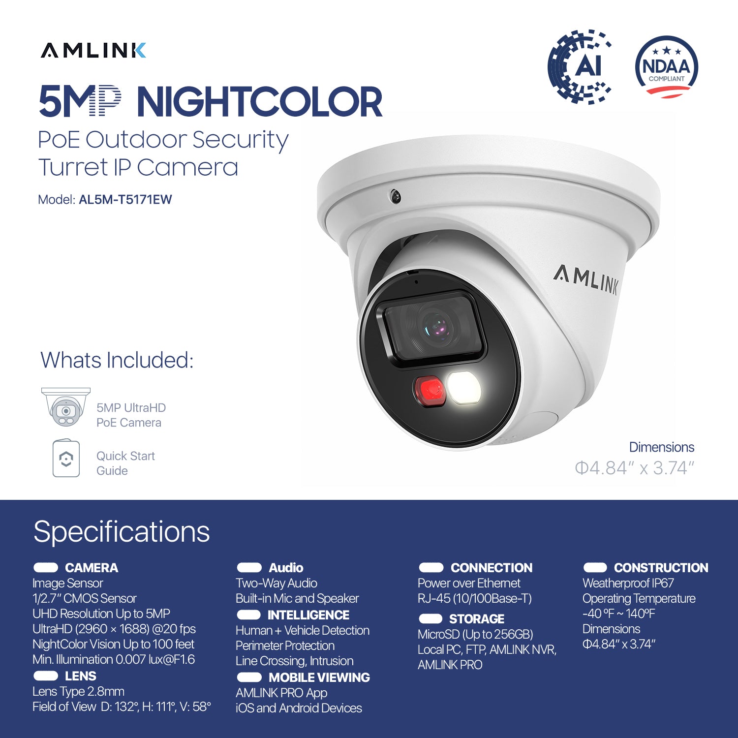 AMLINK 5MP Security AI IP PoE Camera, Night Color 100ft, Human/Vehicle Detection, NDAA Compliant, Indoor Outdoor Surveillance Turret, 2-Way Audio, Support 256GB MicroSD, Deterrent, 20fps AL5M-T5171EW