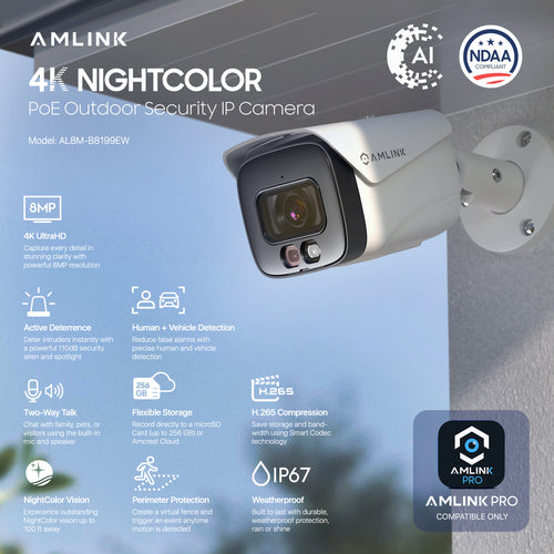 AMLINK 4K/8MP Security AI IP PoE Camera, Night Color 100ft, Human/Vehicle Detection, NDAA Compliant, Indoor Outdoor Surveillance Bullet, 2-Way Audio, Support 256GB MicroSD, Deterrent, AL8M-B8199EW