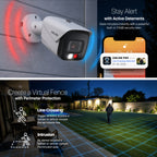 Security camera with active deterrents and perimeter protection features on a wall and outdoor scene.