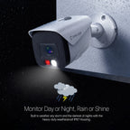 IP camera on a wall with raindrops, featuring Amlink branding and IP67 weatherproof housing.