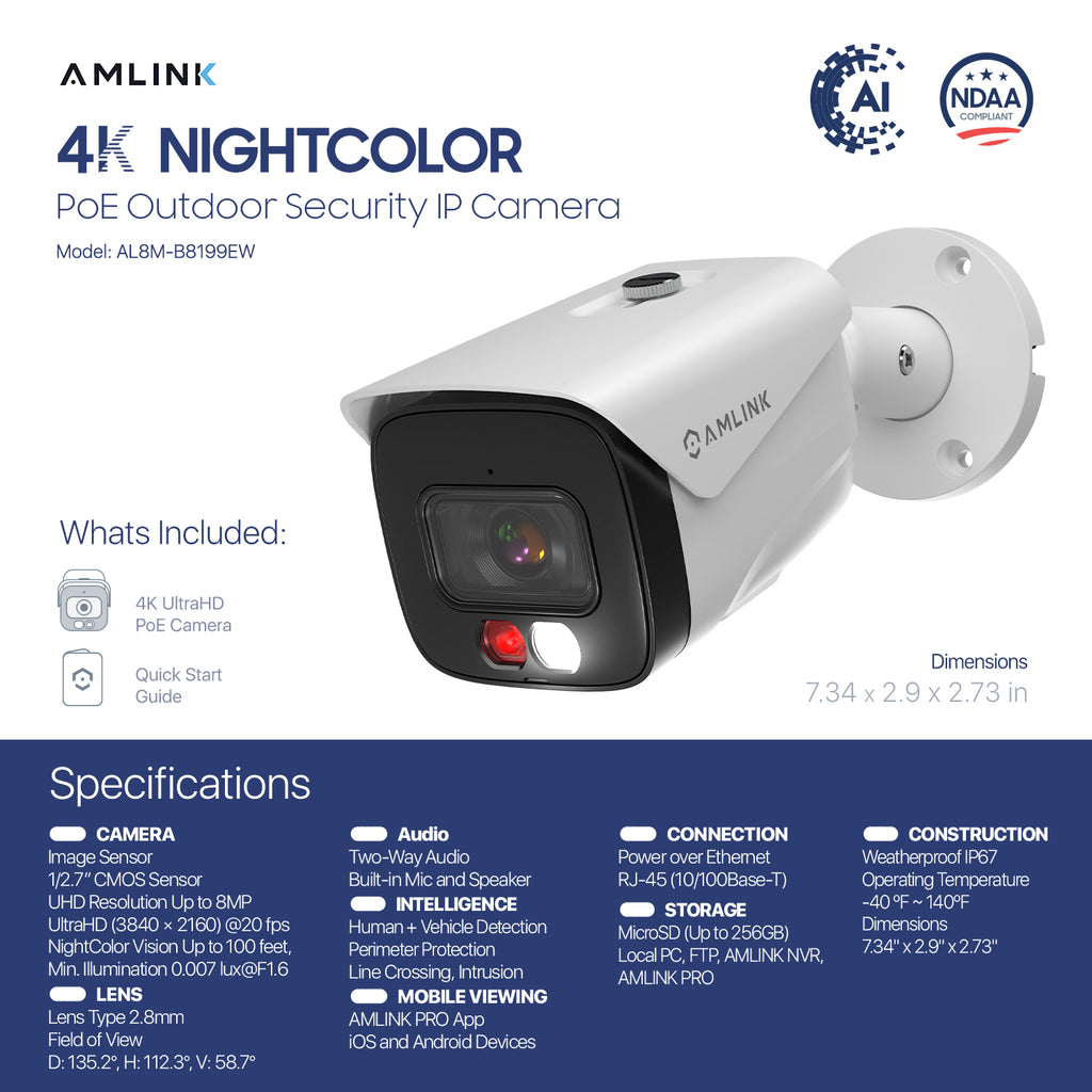 AMLINK 4K/8MP Security AI IP PoE Camera, Night Color 100ft, Human/Vehicle Detection, NDAA Compliant, Indoor Outdoor Surveillance Bullet, 2-Way Audio, Support 256GB MicroSD, Deterrent, AL8M-B8199EW