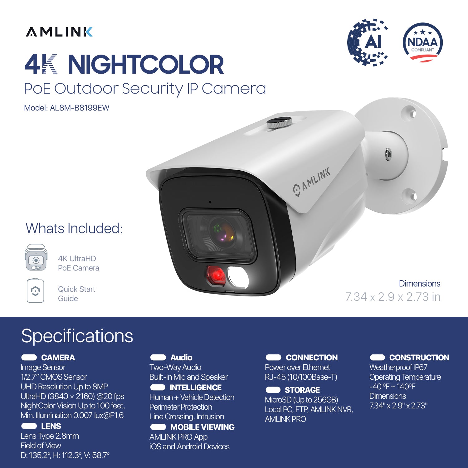 AMLINK 4K/8MP Security AI IP PoE Camera, Night Color 100ft, Human/Vehicle Detection, NDAA Compliant, Indoor Outdoor Surveillance Bullet, 2-Way Audio, Support 256GB MicroSD, Deterrent, AL8M-B8199EW