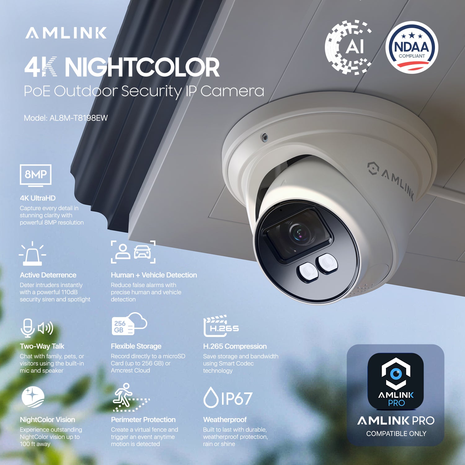 AMLINK 4K/8MP Security AI IP PoE Camera, Night Color 100ft, Human/Vehicle Detection, NDAA Compliant, Indoor Outdoor Surveillance Turret, 2-Way Audio, Support 256GB MicroSD, Deterrent, AL8M-T8198EW