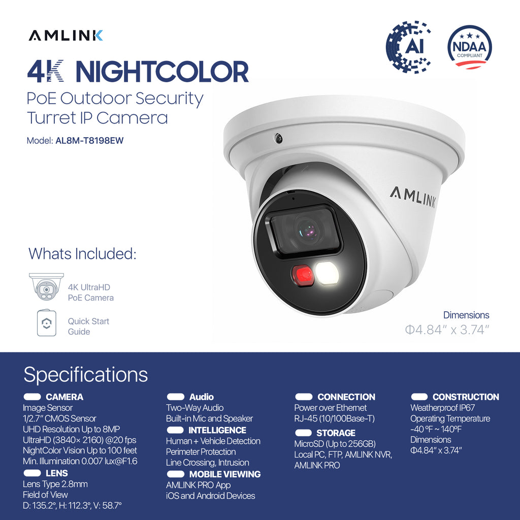 AMLINK 4K/8MP Security AI IP PoE Camera, Night Color 100ft, Human/Vehicle Detection, NDAA Compliant, Indoor Outdoor Surveillance Turret, 2-Way Audio, Support 256GB MicroSD, Deterrent, AL8M-T8198EW