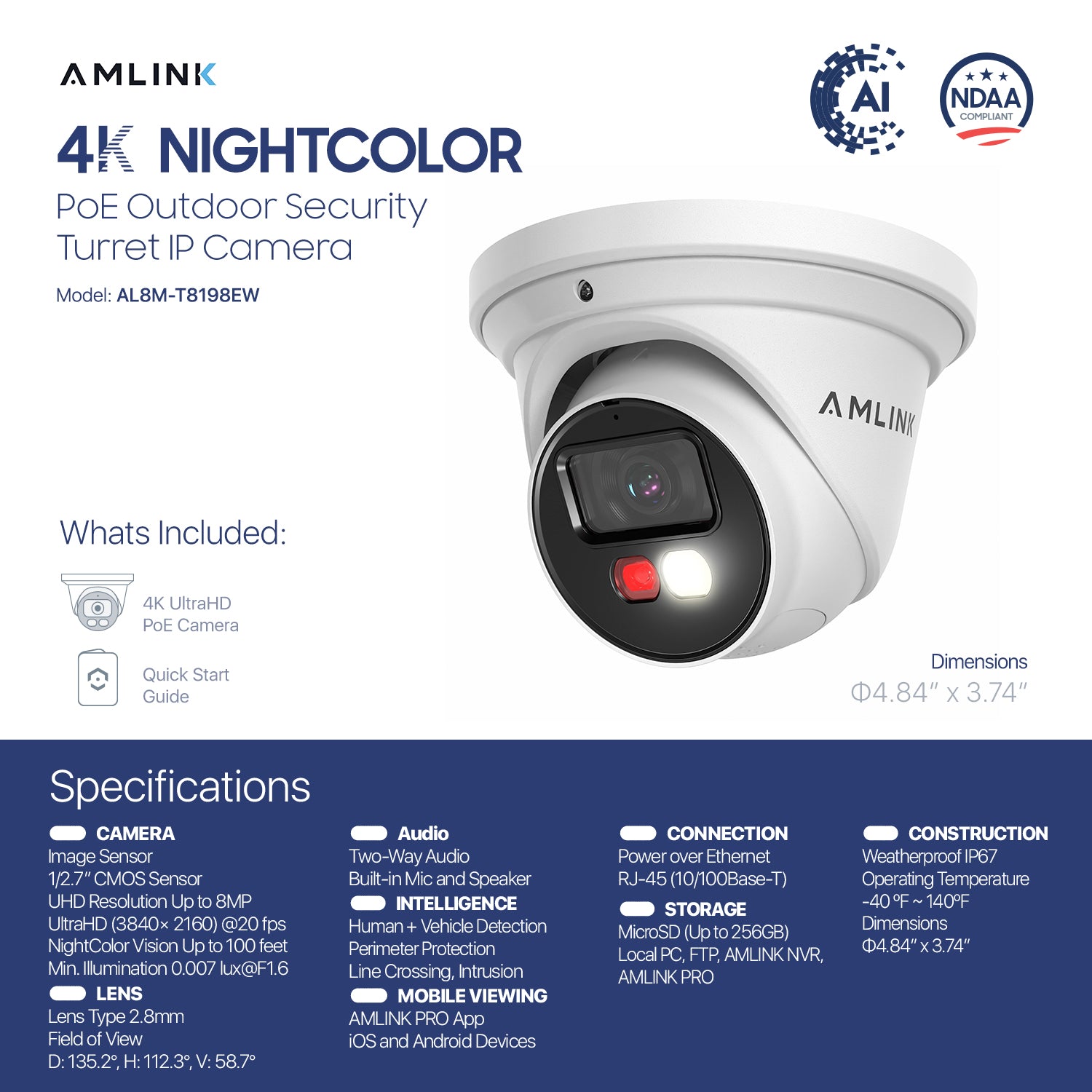AMLINK 4K/8MP Security AI IP PoE Camera, Night Color 100ft, Human/Vehicle Detection, NDAA Compliant, Indoor Outdoor Surveillance Turret, 2-Way Audio, Support 256GB MicroSD, Deterrent, AL8M-T8198EW