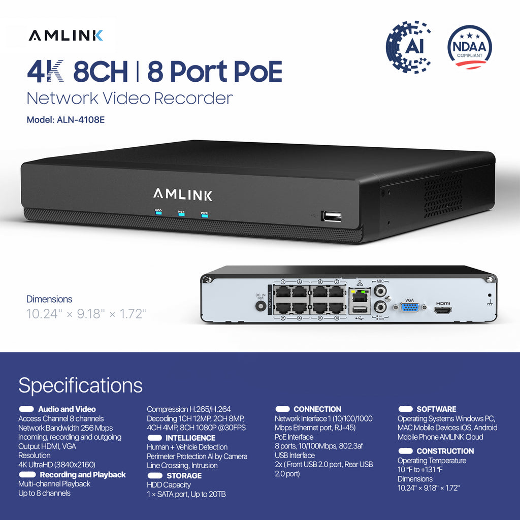 AMLINK 12MP 8CH AI NVR (8-Port PoE), Smart NVR, Human Detection & Vehicle Detection - Supports 8 x 12MP IP Cameras, Supports 1 x 20TB HDD (Not Included) ALN-4108E