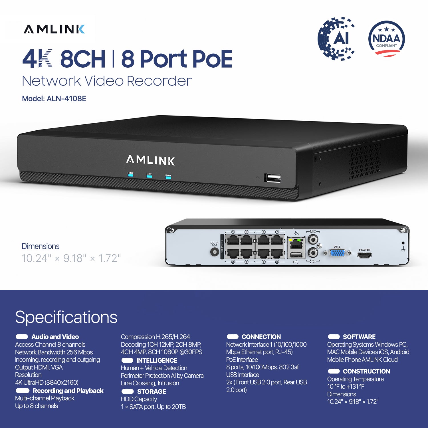 AMLINK 12MP 8CH AI NVR (8-Port PoE), Smart NVR, Human Detection & Vehicle Detection - Supports 8 x 12MP IP Cameras, Supports 1 x 20TB HDD (Not Included) ALN-4108E