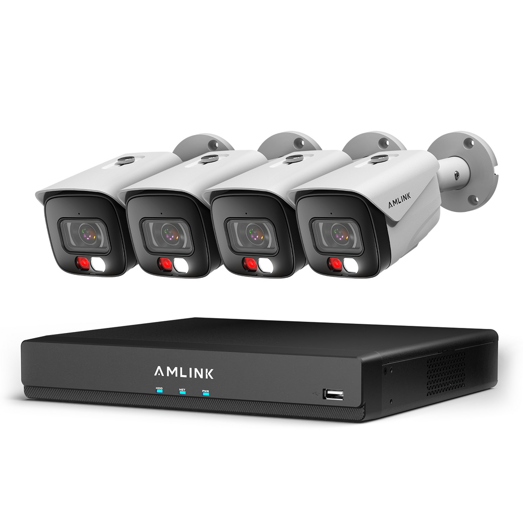 AMLINK 4K POE Security Camera System Outdoor, 8CH POE NVR, 4pc 4K Bullet Camera, Human/Vehicle Detection, IP67, Deterrent, Two Way Audio, Hard Drive Not Included, ALN-4108E-B8199EW4