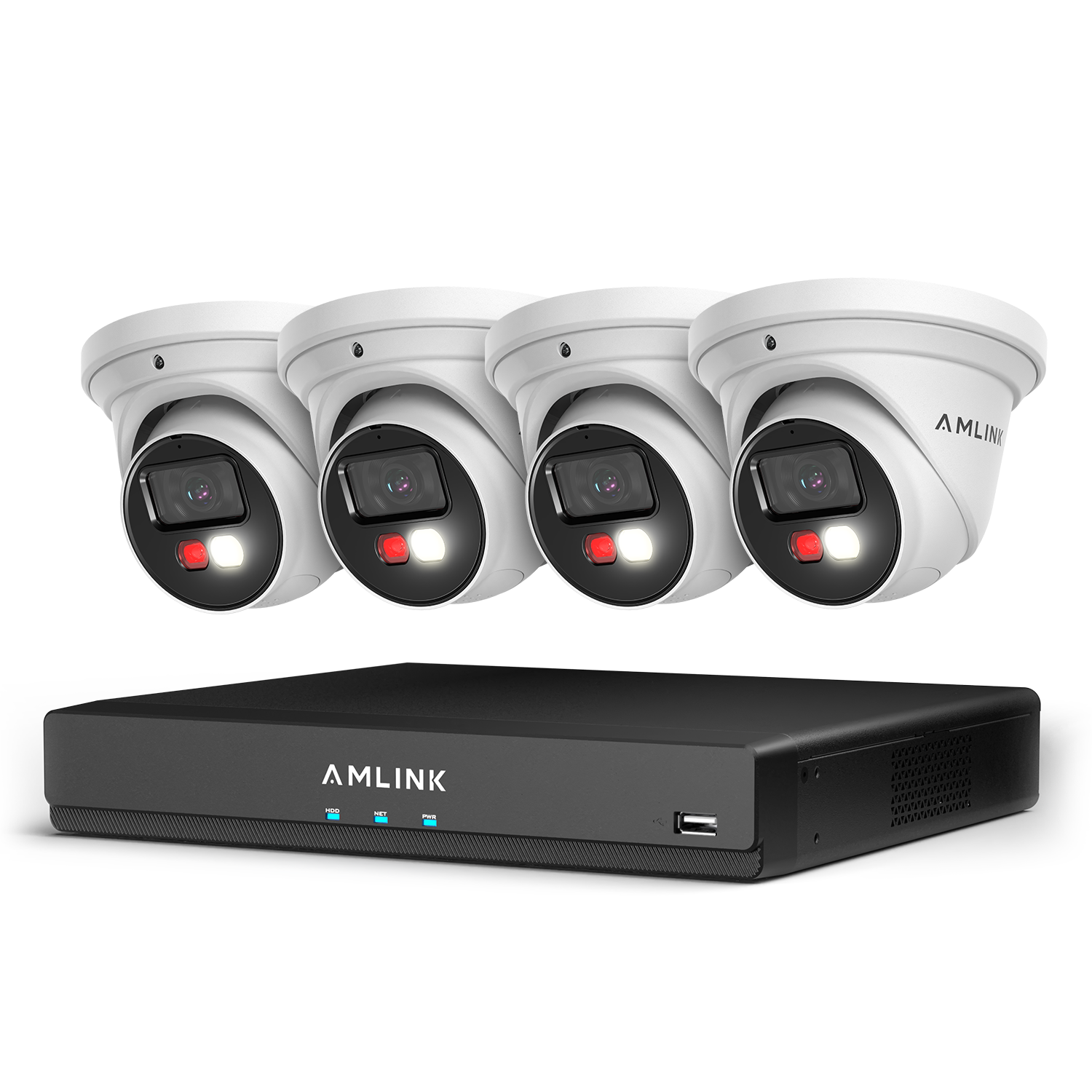 AMLINK 4K POE Security Camera System Outdoor, 8CH POE NVR, 4pc 4K Turret Camera, Human/Vehicle Detection, IP67, Deterrent, Two Way Audio, Hard Drive Not Included, ALN-4108E-T8198EW4