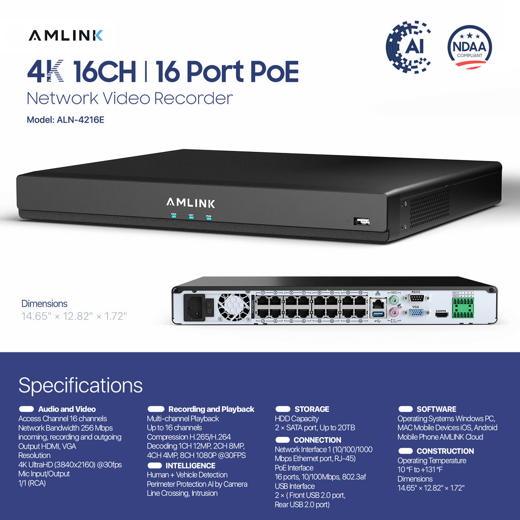 AMLINK 12MP 16CH AI NVR (8-Port PoE), Smart NVR, Human Detection & Vehicle Detection - Supports 16 x 12MP IP Cameras, Supports 1 x 20TB HDD (Not Included) ALN-4216E