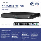 AMLINK 12MP 16CH AI NVR (8-Port PoE), Smart NVR, Human Detection & Vehicle Detection - Supports 16 x 12MP IP Cameras, Supports 1 x 20TB HDD (Not Included) ALN-4216E