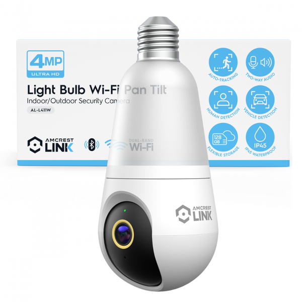 AMLINK 4MP Light Bulb WiFi Indoor/Outdoor Camera, Human Detection, Pan/Tilt, IP45, AI Night Color, 2.4GHz/5GHz Dual Band Camera, NDAA Compliant, Supports MicroSD Storage up 128GB, AL4M-L411W
