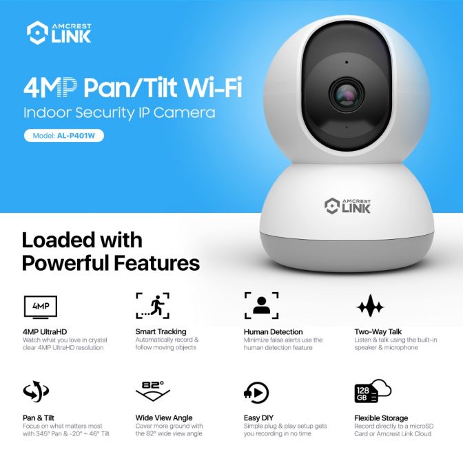 AMLINK 4MP WiFi Security Camera Pan/Tilt 2.4Ghz White AL-P401W