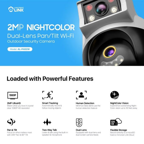 AMLINK 2X 2MP Dual-Lens WiFi Camera Outdoor, Human Detection, Motion-Tracking, w/ 2-Way Audio, Pan/Tilt Wireless IP Camera, NDAA Compliant, 30ft Night Vision, Built in Siren, AL2M-P402W