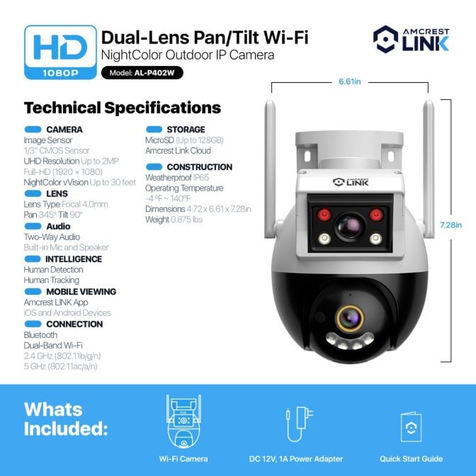 AMLINK 2X 2MP Dual-Lens WiFi Camera Outdoor, Human Detection, Motion-Tracking, w/ 2-Way Audio, Pan/Tilt Wireless IP Camera, NDAA Compliant, 30ft Night Vision, Built in Siren, AL2M-P402W